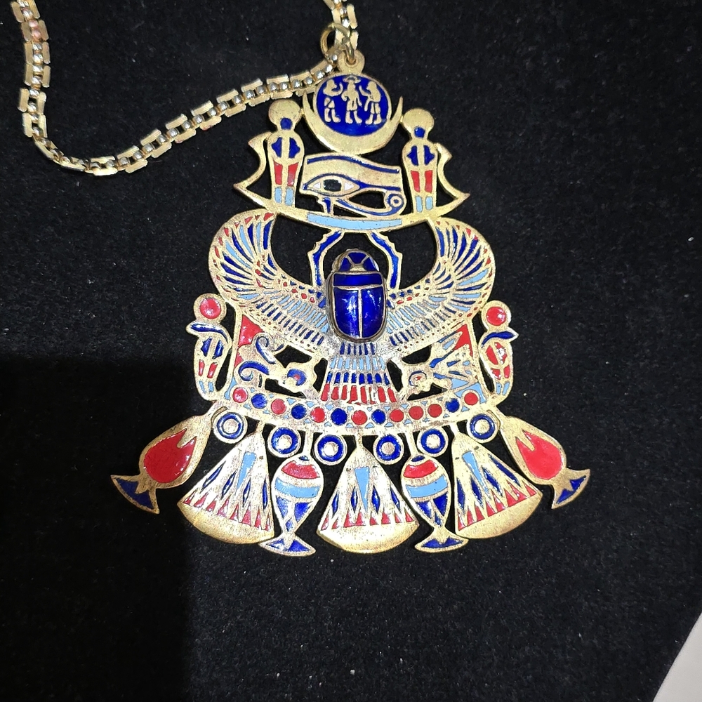 Vintage Egyptian Enamel Massive Couture Runway Winged Scarab Pendant Necklace